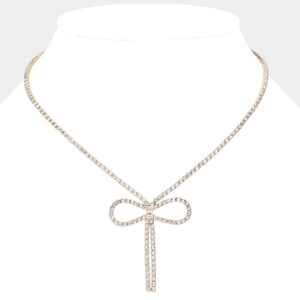 Gold Rhinestone Crystal Ribbon Bow Pendant Necklace Charm Chain Jewelry